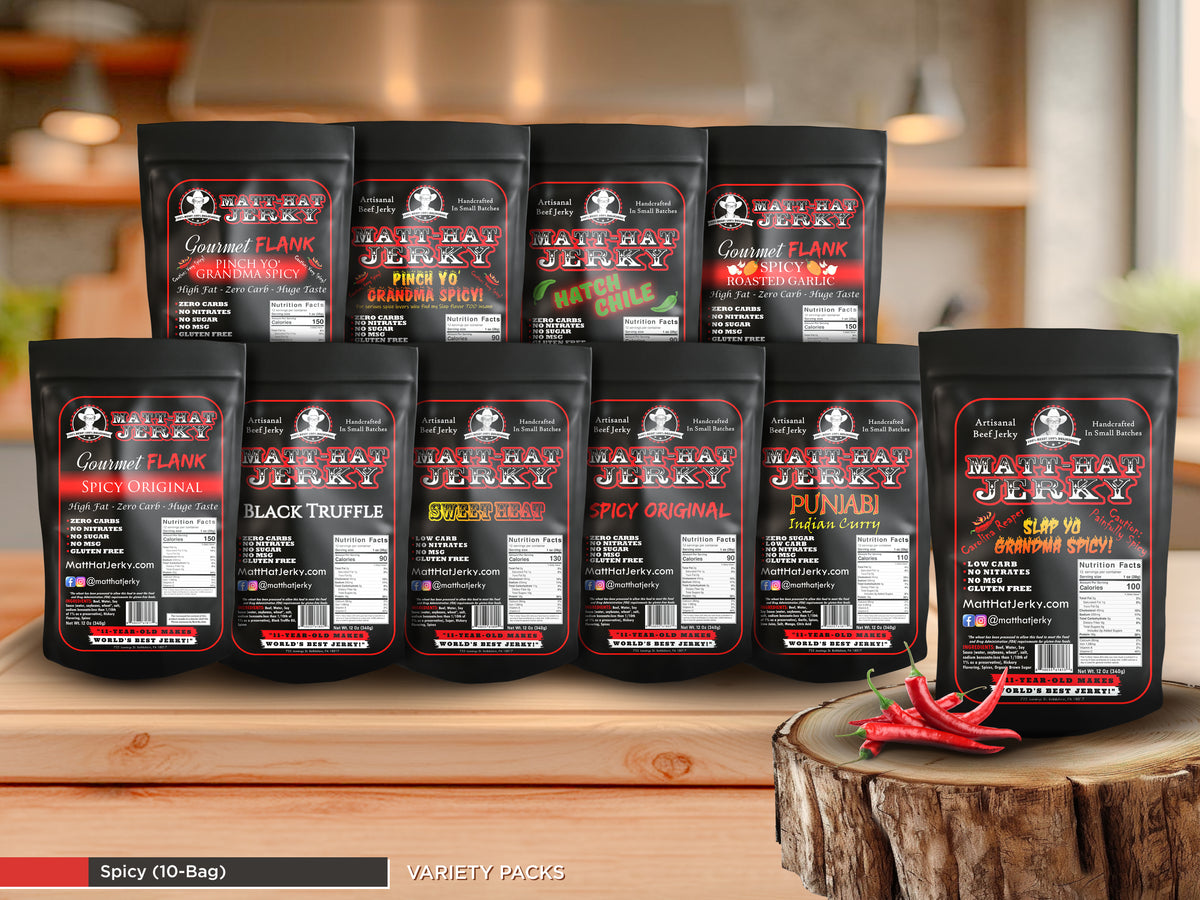 SPICY PACK! 10-Bag Spicy Beef Jerky Variety Pack – Matt-Hat Jerky