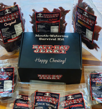 Scary Good Beef Jerky Gift Box (10 bags): black Matt-Hat Jerky Mouth-Watering Survival Kit gift box surrounded by bags of beef jerky