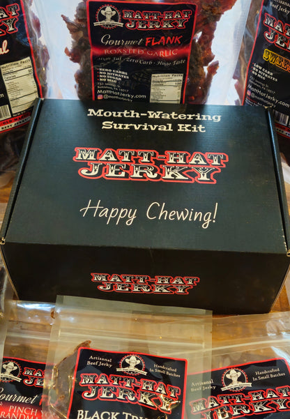 Scary Good Beef Jerky Gift Box (10 bags): close-up of the black Matt-Hat Jerky gift box with jerky bags behind it