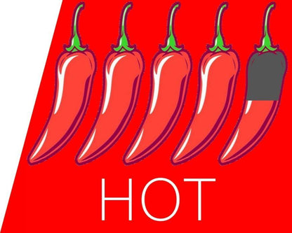 Matt-Hat Jerky's Heat Scale showing the hot level with 4.5 peppers filled in with red.